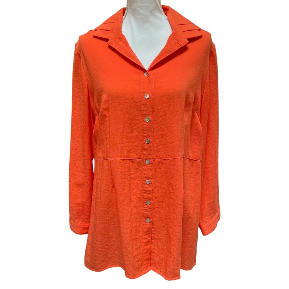 Fridaze Orange 100% Linen Button Front Tunic Shirt Long Sleeve Size Small